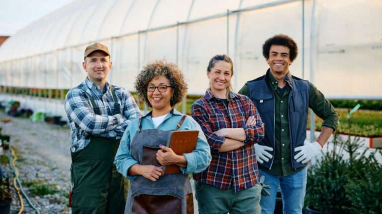 A greenhouse and gardener outdoor business team working together self sufficiently