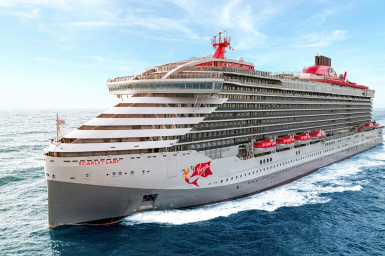 drone shot of virgin voyages ship scarlet lady exterior